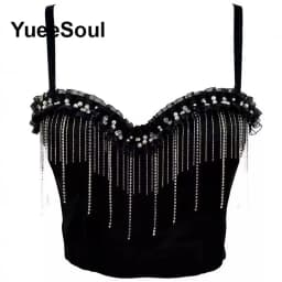 Black Y2K Tops White Rhinestone Sequins Tassel Slim Crop Top New Gothic Party Club Wedding High Street Sexy Corset Top Camis