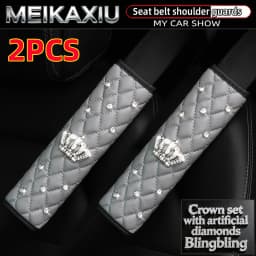 Soft Leather Diamond-Encrusted Crown Car Shoulder Guard 1PC/2PCS Safety Belt Decoration Shiny Accessory for Women's Cars