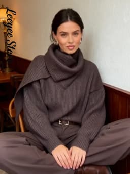 Solid Turtleneck Knit Short Pullover Women Chic Scarf Collar Full Sleeves Loose Warm Sweater 2026 Lady Daily Street Pullovers
