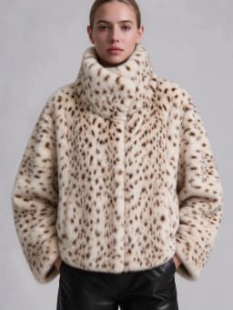 IG Women Leopard Spotted Faux Fur Large Foldover Stand Collar Cropped Jacket, Long Sleeve Winter Warm Vintage Street Commuter Ou