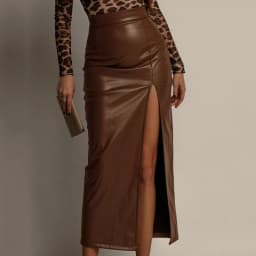 Sexy High Split PU Leather Skirts for Women Elegant Slim High Waisted Package Hip Skirts Ladies New Fashion Office Pencil Skirt