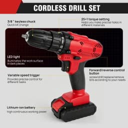 Feytory Cordless Drill Driver 21V Battery Drill Set 25+1 Torque Electric Screwdriver, 2 Speeds with LED Light, Home Power Tool