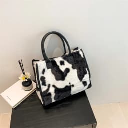Women Soft Plush Hand Bag New Winter Leopard Cow Print Tote Bags Female Pu Leather Underarm Bags Furry Fluffy Shoulder Bag
