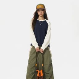 Maden Women's Americana Long Sleeve Pullover Sweatshirt Waffle Raglan Sleeve Soft Casual Colorblock Female Tops Spring Fall