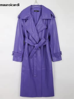 Mauroicardi Spring Long Waterproof Soft Purple Pu Leather Trench Coat for Women Sashes Luxury Elegant Leather Overcoat 2025