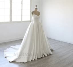 Spaghetti Straps V Neck Chapel Train Mikado Ball Gown Wedding Dress
