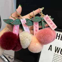 New Fluffy Rabbit Fur Cherry Keychain Ball Pompom Key Chain Handbag Car Key Chain Ring Gift Women‘s Bag Charm Backpack Accessory