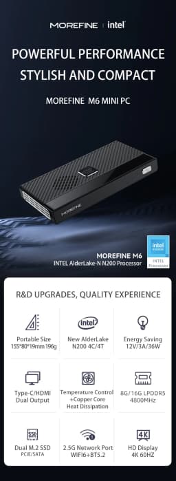 Morefine M6 Intel N100/N200 MINI PC LPDDR5 16GB 2*M.2 SSD Windows 11 Pro WIFI6 BT5.2 2.5G Lan Desk Office MINI PC Gamer Computer