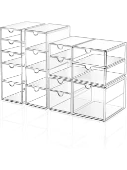 16 Drawers Acrylic Makeup Organizer, 4 Set Clear Desk Storage Drawers, Dustproof Desktop Organizer for Office Supplies, Jewelry, Pens & Cosmetics, Countertop