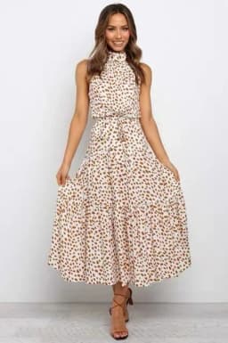 Women's Halter Neck Maxi Dress - Floral Print Boho Chic Smocked Waist Summer Beach Dress for Vacation Casual Wear