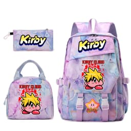 Kirby Cartoon Print Student Backpack Set for Girls with Lunch Bag and Pencil Case School Bookbag Lightweight Daypack