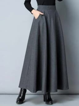 Autumn Winter Black Gray Large Size Woolen Long Skirt Women Fashion Korean Ladies Red High Waist Festival Pleated A-line Skirts