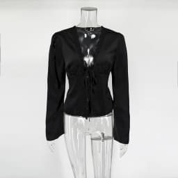 Tuularose Elegant Summer Tops Women's Fashion Solid V-Neck Lace-Up Long Sleeve Tops New Chic Casual Office Lady Women's T-Shirts