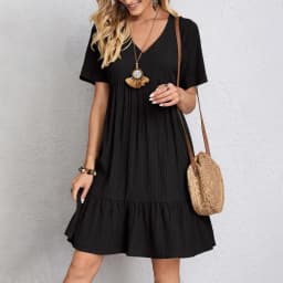 Women Summer Dresses Spring V-Neck Short Sleeve Loose Waist Ruffle Fit Flare Vocation Dresses