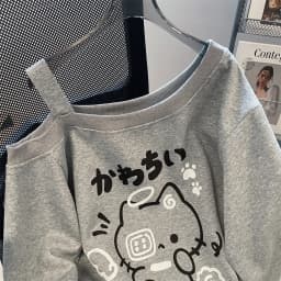 Cute Design Shoulder Bared Long Sleeve Sweatshirt Women's Autumn Sweet Milkish Casual Fashion Loose Fit Printed Hoodie