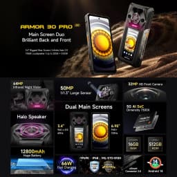 Ulefone Armor 30 Pro 5G Rugged Phone Android 14 Smartphone 6.9" Dual Screen 16GB+512GB MediaTek Dimensity 7300X 12800mAh 64MP