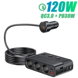 9in1 12V/24V Cigarette Lighter Splitter 228W USB Car Charger Adapter QC3.0 PD45W Cable with LED Voltage Display Car Accessories