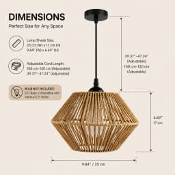 E27 Hemp Rope Woven Iron Pendant Lamp, Bulb Not Included, 1.2m Adjustable Hanging Wire for Kitchen Island Bar Corridor Decor