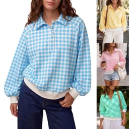 2026 Women Black White Gingham Blouse Lapel Collar Half Button Lantern Long Sleeve Loose Casual Plaid Shirt Tops