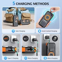 Hand Crank Generator Solar Power Bank High Capacity, Wireless Charger with 4 Built-in Cables, , LED Light for Outdoor Emergency