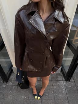 Solid PU Leather Women's Jacket Mini Skirt Set Lapel Neck Full Sleeve Double Breasted Coat Suit 2025 Autumn Stylish Edgy Outfit