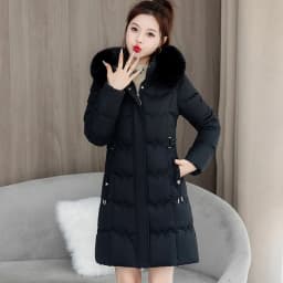 Detachable Fur Collar Thickened down Cotton Jacket Slimming Mid-Length Women's Korean Style Commute Pure Color Coat with Pocket