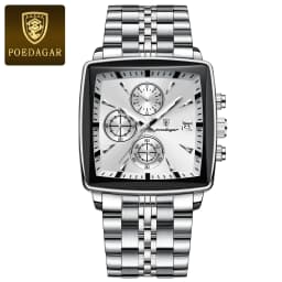 POEDAGAR Fashion Square Men Clock Luminous Waterproof Chronograph Date Men's Watches Stainless Steel Quartz Man Wristwatch Reloj