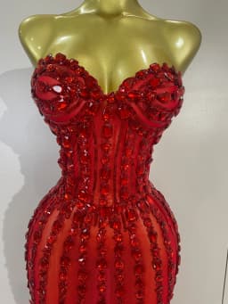 Sexy Red Strapless Mesh See Through Long Dress Evening Party Luxury Sparkly Diamond Birthday Nightclub PhotoShoot Stage Costumes