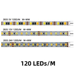 5M/Roll DC 5V 12V 24V LED Dual Color Strip Light 120 180 240 336 LEDs/M 5MM 8MM 12MM Wide PCB Flexible CRI Dimmable CCT Bar Lamp