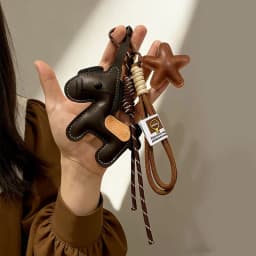 Cute Handmade Leather Pony Bag Charm Color-block Star & Braided Cord Keychain Adorable Gift Accessory Pendant