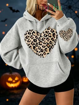 Trendy Oversized Pullover Hoodie Halloween Leopard Heart Print Autumn Winter Street Wear Daily Lounge Wear Fashion Sweatshirt