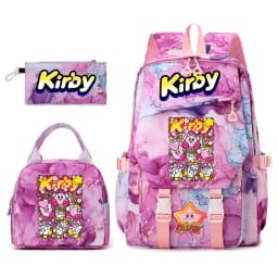 Kirby Cartoon Print Student Backpack Set for Girls with Lunch Bag and Pencil Case School Bookbag Lightweight Daypack