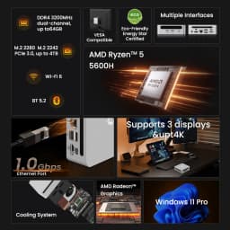 Mini PC 6C/12T Genmachine AMD Ryzen 4800U 5300U 5600H 5600U 45W TDP 4K@60Hz WiFi6, Ultra-Slim Diy Gaming Computer