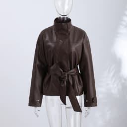 Fashion Solid Faux Leather Jackets Women's Stand Collar Full Sleeves Belted Jacket 2026 Autumn New Lady Casual Streetwear
