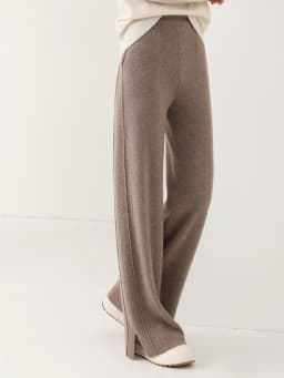 Women Wool Wide Leg Pants Threaded Elastic Waist Cashmere Trousers Autumn Winter 100% Merino Wool Knitted Soft Slit Design Pants
