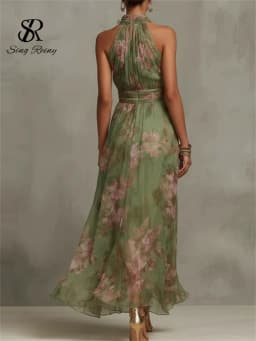 SINGREINY Elegant Green Floral Halter Chiffon Maxi Dresses Trendy Sleeveless A-line 2026 Women Floral Wedding Guest Party Dress