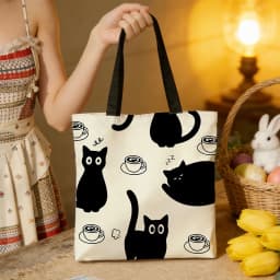 1pc Black Cat & Coffee Canvas Tote Bag – Cute Playful Kitten Print with Latte & Bean Patterns, Eco-Friendly Boho Shoulder Bag fo
