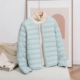 LANMREM Women Crew Neck Lightweight Short Down Jacket Wave Quilted Zipper Closure Portable Inner Wear Puffer Outerwear Coat