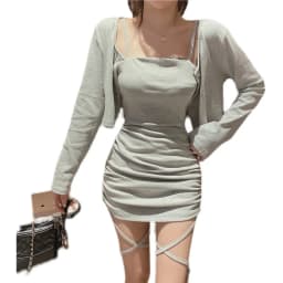 Early Autumn Drawstring Wrap Hip Baring Dress Short Outer Skirt Two Piece Set Women's High Waist Commute Korean Style Long Sl...
