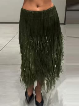 Women's Olive Green Sequin Fringe Midi Skirt Sparkly Tassel Party Skirt for Evening Clubwear 2025 Festival New Sexy Lady Skirts