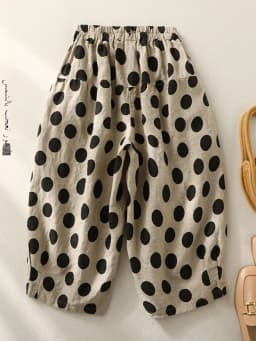 Artistic Large Polka Dot Linen Lantern Wide Leg Pants Women Summer Thin Elastic Waist Loose Casual Seven-Foot Pants