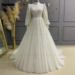 Muslim Exquisite A-line Wedding Dresses Draped Pleat Paillette Applique Lace Brush Train Floor Length Bride Dress robe de mariée
