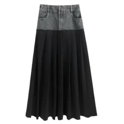 Y2k Pleated Skirt Women Long Skirts Denim Patchwork High Waist Washed Distressed Vintage Floor Length 2025 Streetwear A Line
