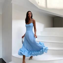 Women's Solid Color Spaghetti Strap Midi Dress Ruffled Hem Fitted A-Line Gown Elegant Party Dress For Dating & Evening Event