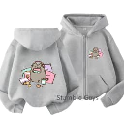 Cozy Pusheen Cat With Headphones Snacks Front Back Zip Up Hoodie For Kids Long Sleeve Lovely Cartoon Casual Outerwear Jacket