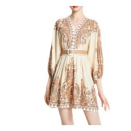 Vintage Print Elegant V-neck Lantern Long Sleeve Dress A-line Casual Women Fashion Autumn Spring Vestidos
