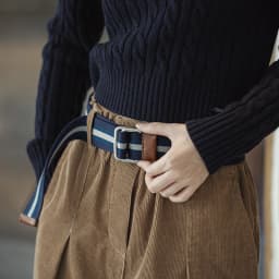 Maden Women's No-hole Blue and White Colorblocking Belts Double Ring Buckle Belt Retro Striped Woven Canvas Elastic Belt