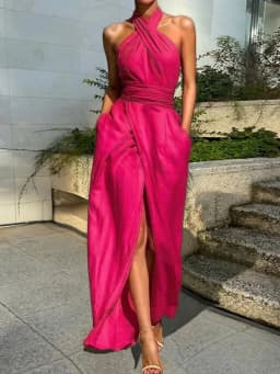 Women Summer Sleeveless Maxi Dress Elegant Split Halter Neck Chic Party Dress Solid Color Simple Fashion Streetwear for Holiday