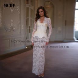 Customized White Mermaid Bow Collar Wedding Dress Lace Long Sleeve Lace-Up vestidos de noche Floor-Length robe de mariée
