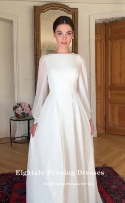 Eightale Boho Wedding Dress Customized O-Neck Long Sleeves White Ivory A-Line Chiffon Muslim Bridal Gown Vestido De Noiva